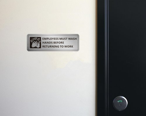 (4 Pack) Employees Must Wash Hands Sign, Self-Adhesive Metal Signage for Bathroom Office, Waterproof Aluminum Signs for Indoor Outdoor (9x3, Brushed Aluminum)
